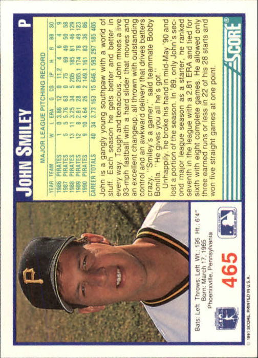 1991 Score #465 John Smiley back image