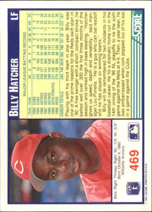 1991 Score #469 Billy Hatcher back image