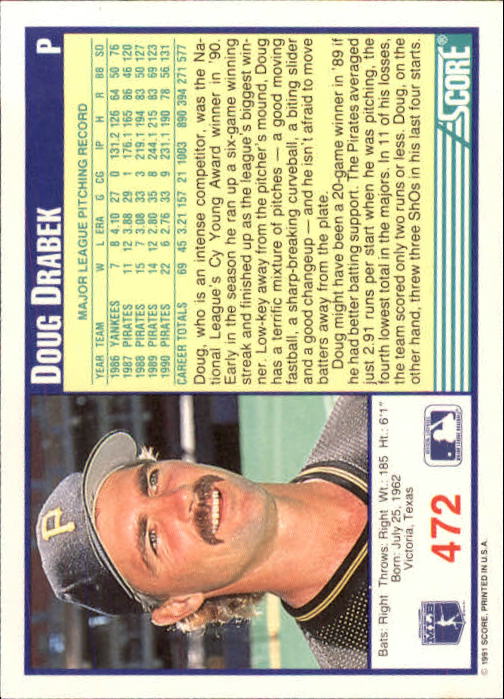 1991 Score #472 Doug Drabek back image