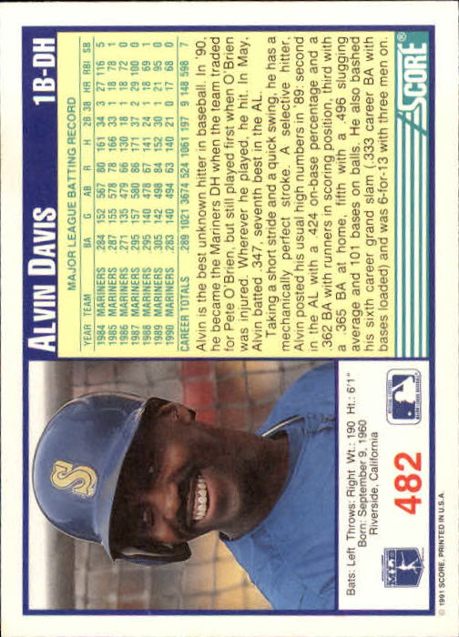 1991 Score #482 Alvin Davis back image