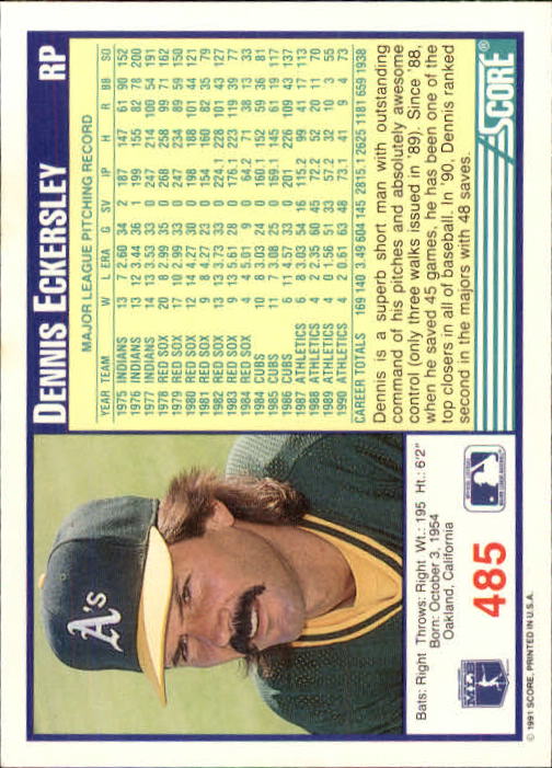 1991 Score #485 Dennis Eckersley back image