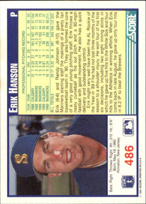 1991 Score #486 Erik Hanson UER/Basketball misspelled/as baseketball back image