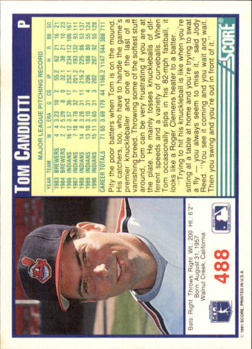 1991 Score #488 Tom Candiotti back image