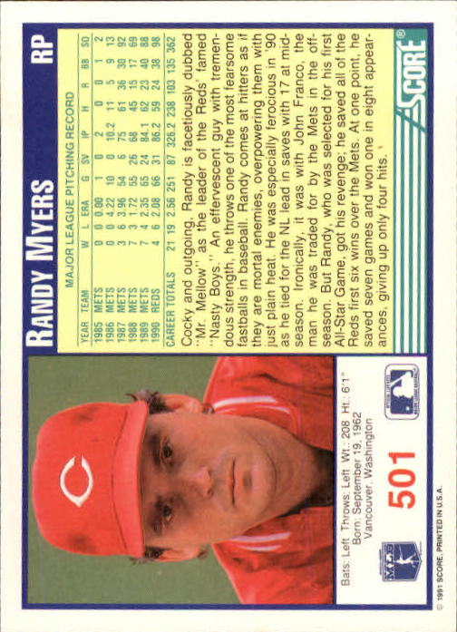 1991 Score #501 Randy Myers back image