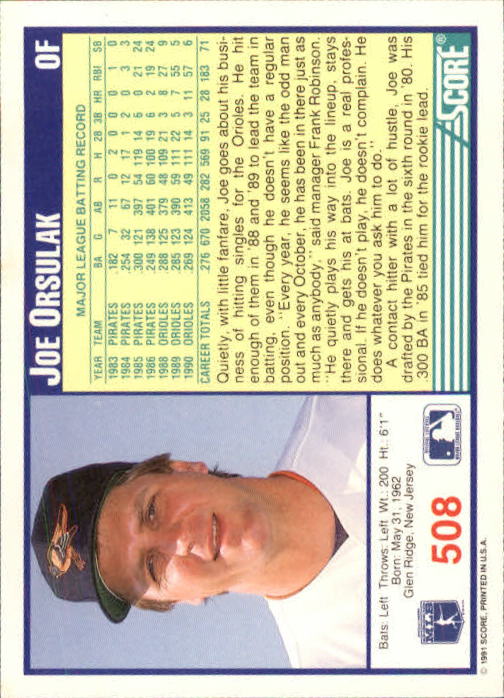 1991 Score #508 Joe Orsulak back image