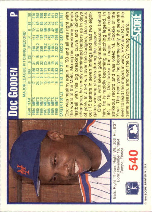 1991 Score #540 Dwight Gooden back image
