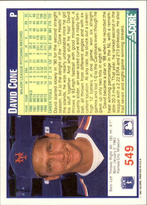 1991 Score #549 David Cone back image