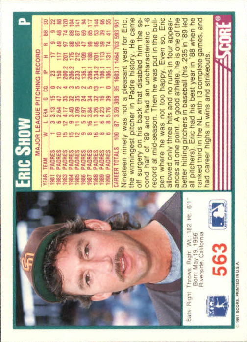 1991 Score #563 Eric Show back image