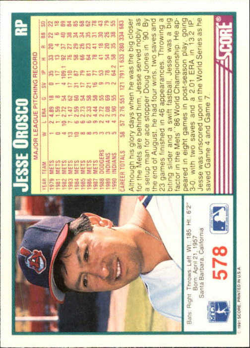 1991 Score #578 Jesse Orosco back image