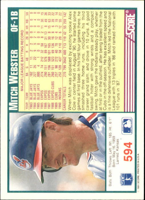 1991 Score #594 Mitch Webster back image