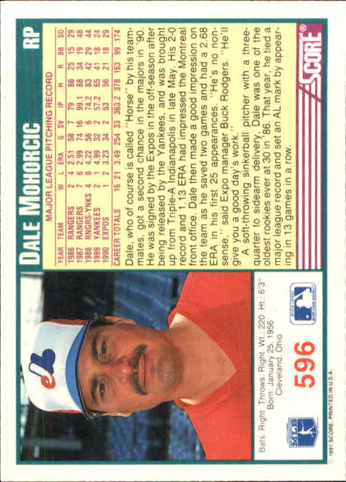 1991 Score #596 Dale Mohorcic back image
