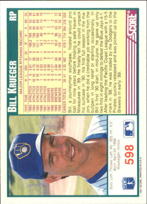 1991 Score #598 Bill Krueger back image