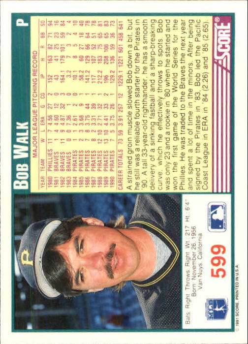 1991 Score #599 Bob Walk UER/Cards says he's 33,/but actually he's 34 back image