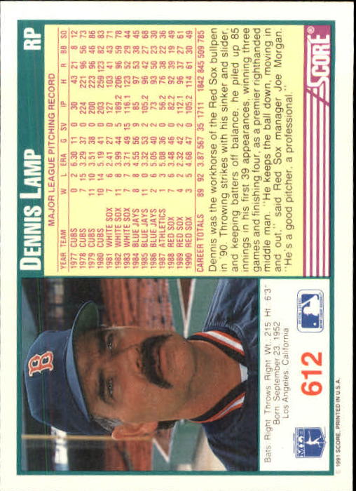1991 Score #612 Dennis Lamp back image