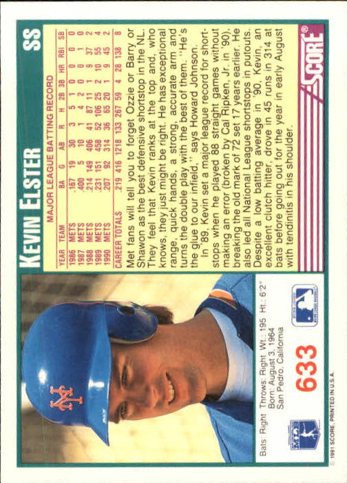 1991 Score #633 Kevin Elster back image