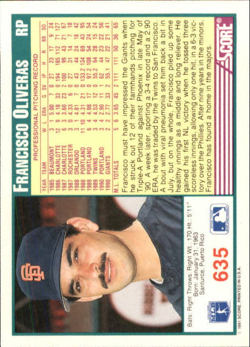 1991 Score #635 Francisco Oliveras back image