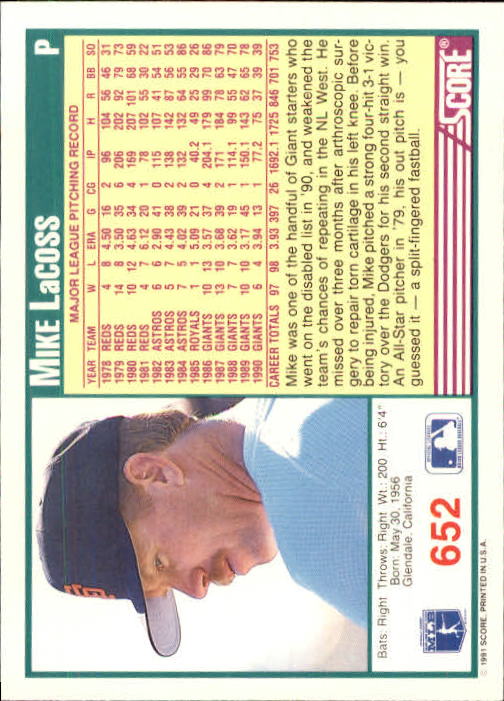 1991 Score #652 Mike LaCoss back image