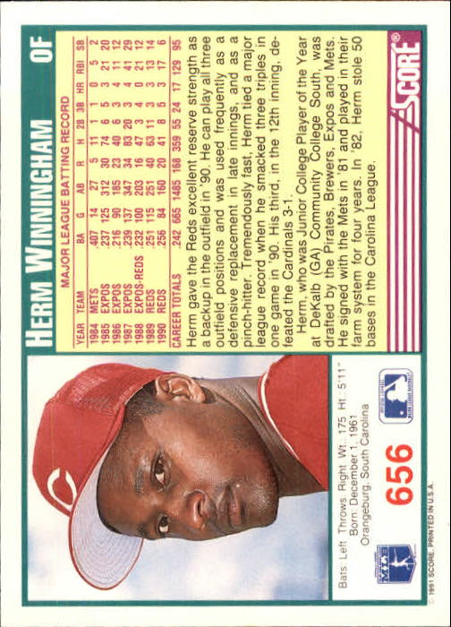 1991 Score #656 Herm Winningham back image