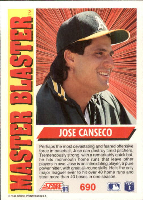1991 Score #690 Jose Canseco MB UER/Mammoth misspelled/as monmouth back image