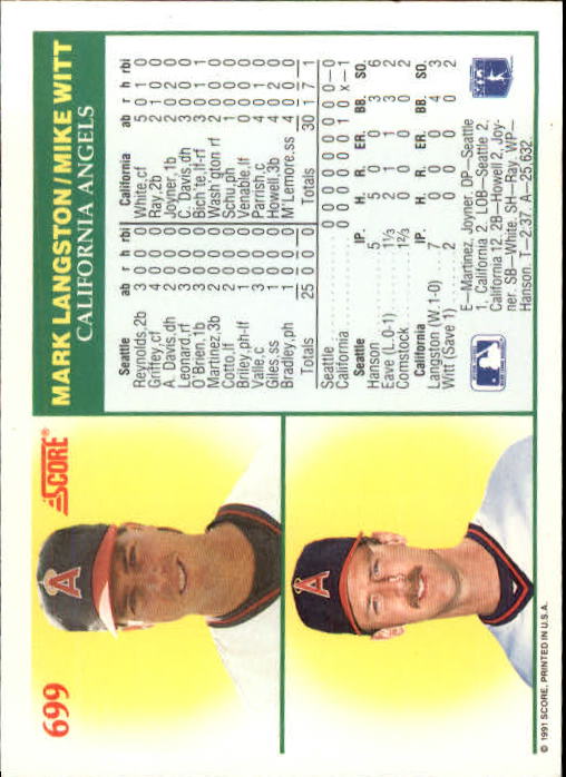 1991 Score #699 Mark Langston NH/Mike Witt back image