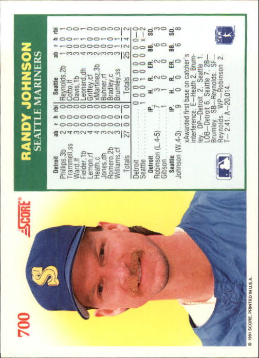 1991 Score #700 Randy Johnson NH back image