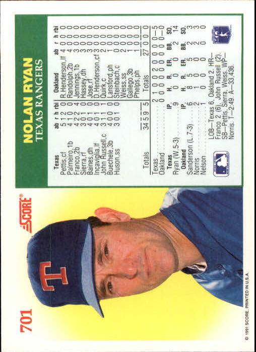 1991 Score #701 Nolan Ryan NH back image