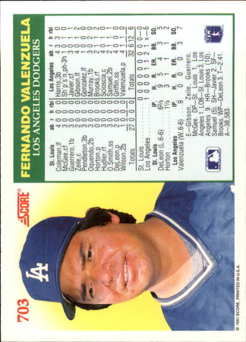 1991 Score #703 Fernando Valenzuela NH - NM-MT