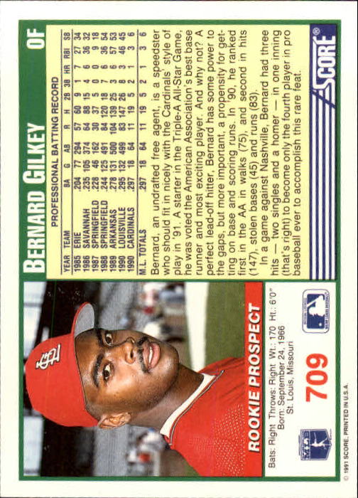 1991 Score #709 Bernard Gilkey back image