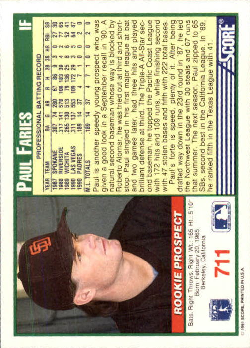 1991 Score #711 Paul Faries RC back image