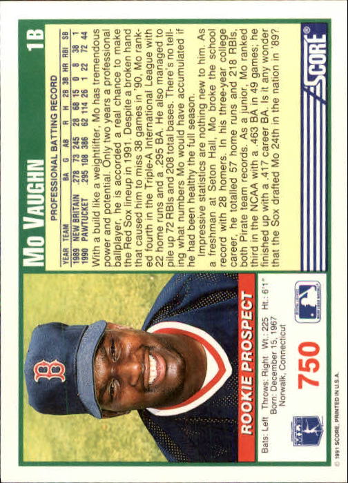 1991 Score #750 Mo Vaughn UER/44 SB's in 1990 back image