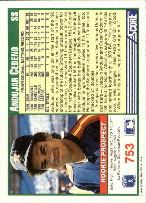 1991 Score #753 Andujar Cedeno back image
