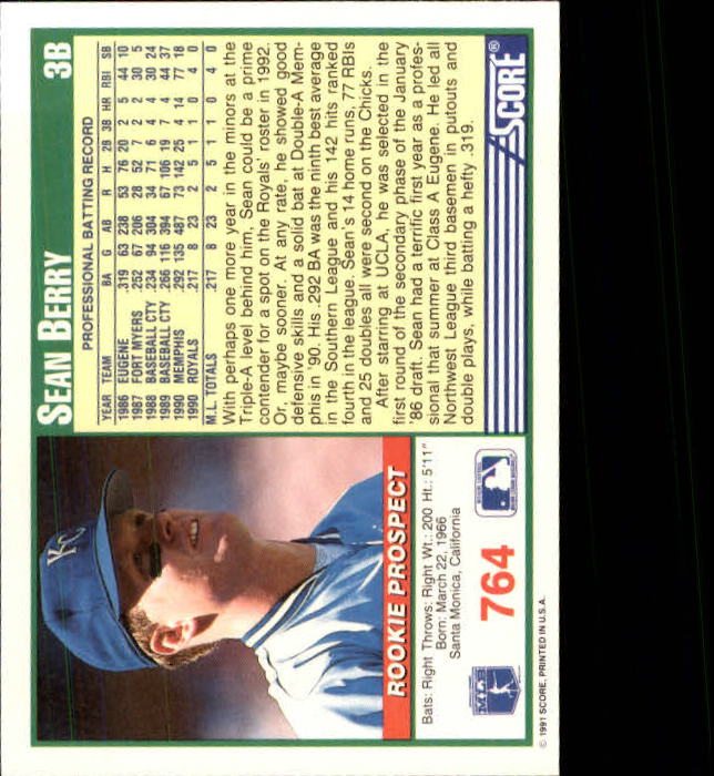 1991 Score Baseball 764 Sean Berry RC Error Name