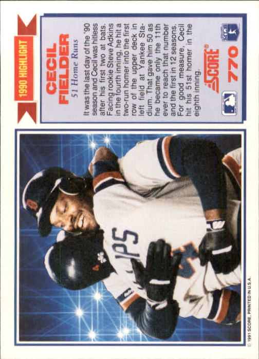 1991 Score #770 Cecil Fielder HL back image