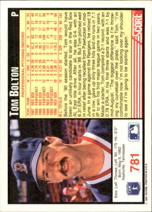 1991 Score #781 Tom Bolton back image