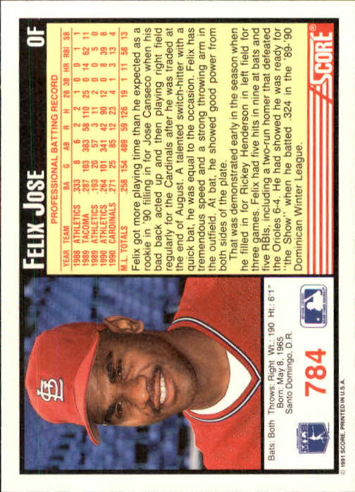 1991 Score #784 Felix Jose back image