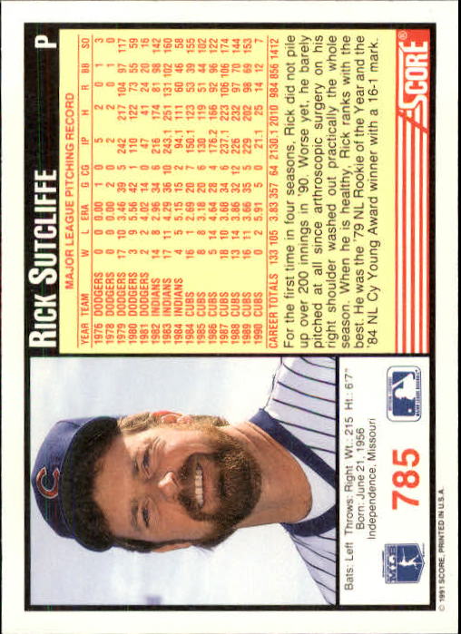 1991 Score #785 Rick Sutcliffe back image