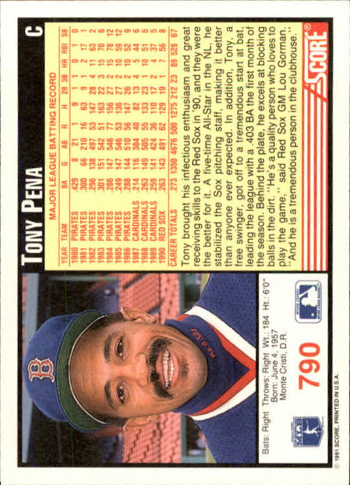 1991 Score #790 Tony Pena back image