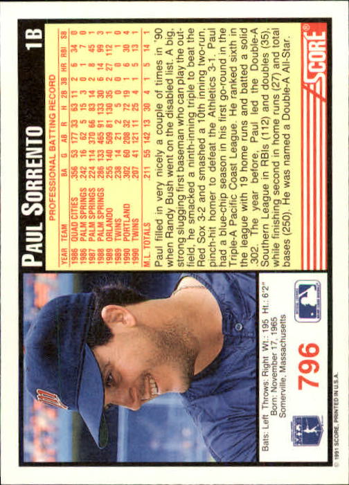 1991 Score #796 Paul Sorrento back image