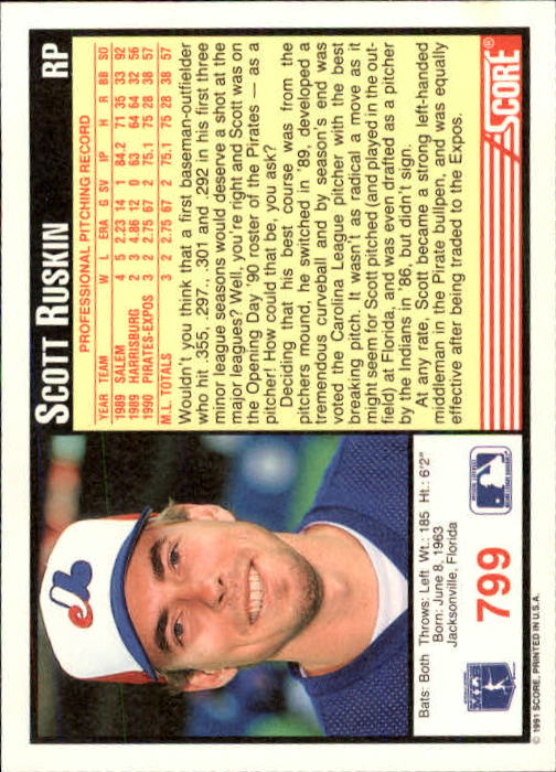 1991 Score #799 Scott Ruskin UER/Text says first three/seasons but lists/averages for four back image
