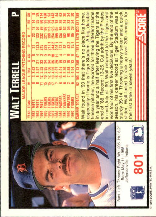 1991 Score #801 Walt Terrell back image
