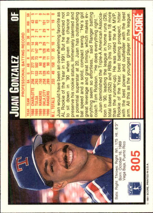 1991 Score #805 Juan Gonzalez back image