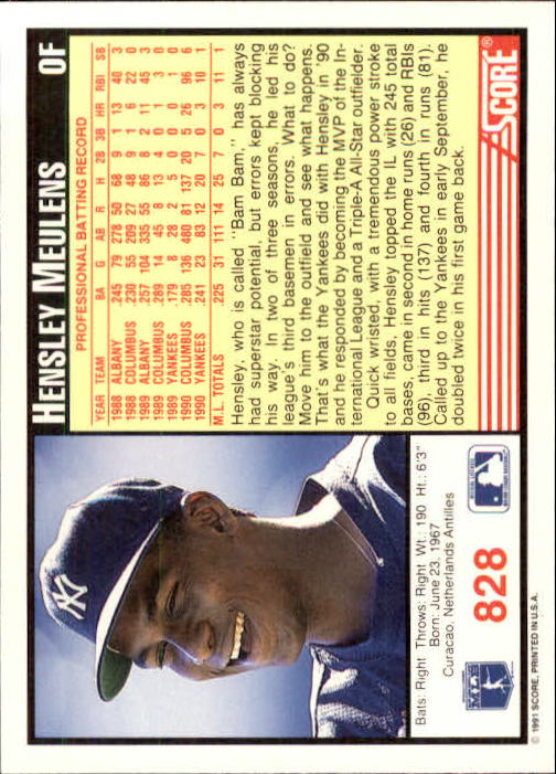 1991 Score #828 Hensley Meulens back image