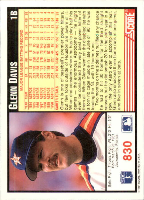 1991 Score #830 Glenn Davis back image