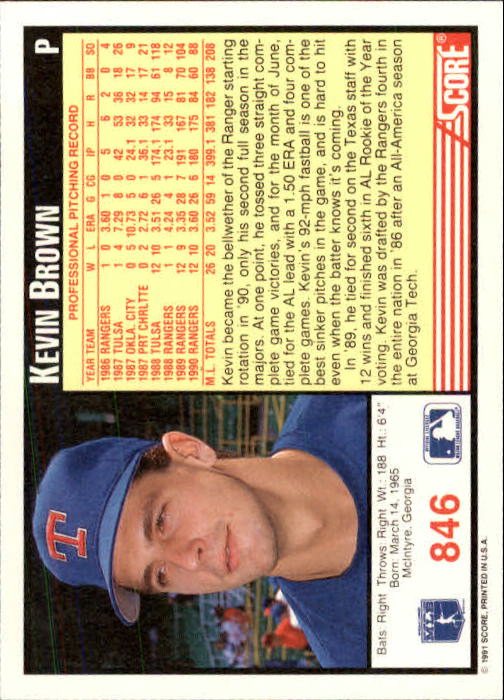 1991 Score #846 Kevin Brown back image
