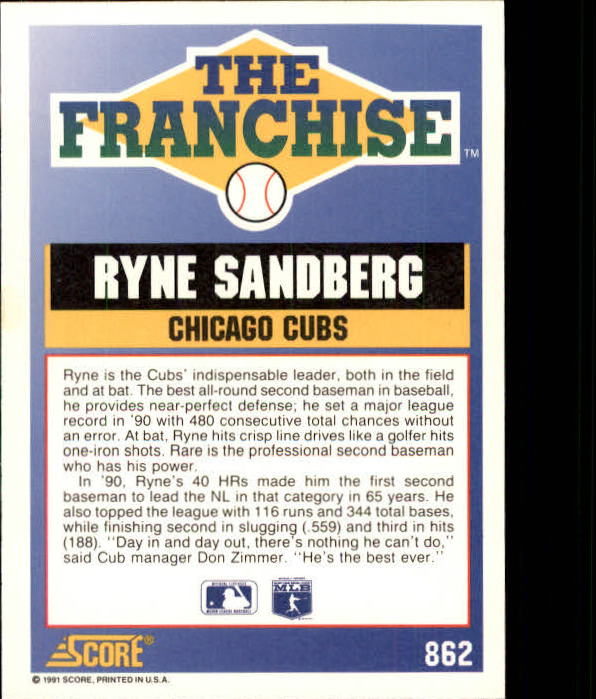 1991 Score #862 Ryne Sandberg FRAN back image