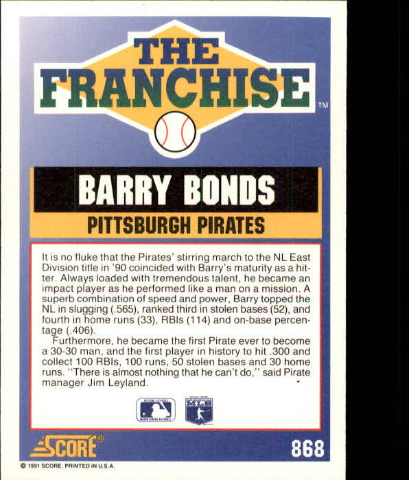 1991 Score #868 Barry Bonds FRAN back image