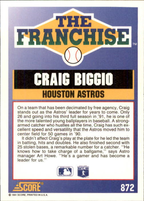 1991 Score #872 Craig Biggio FRAN back image