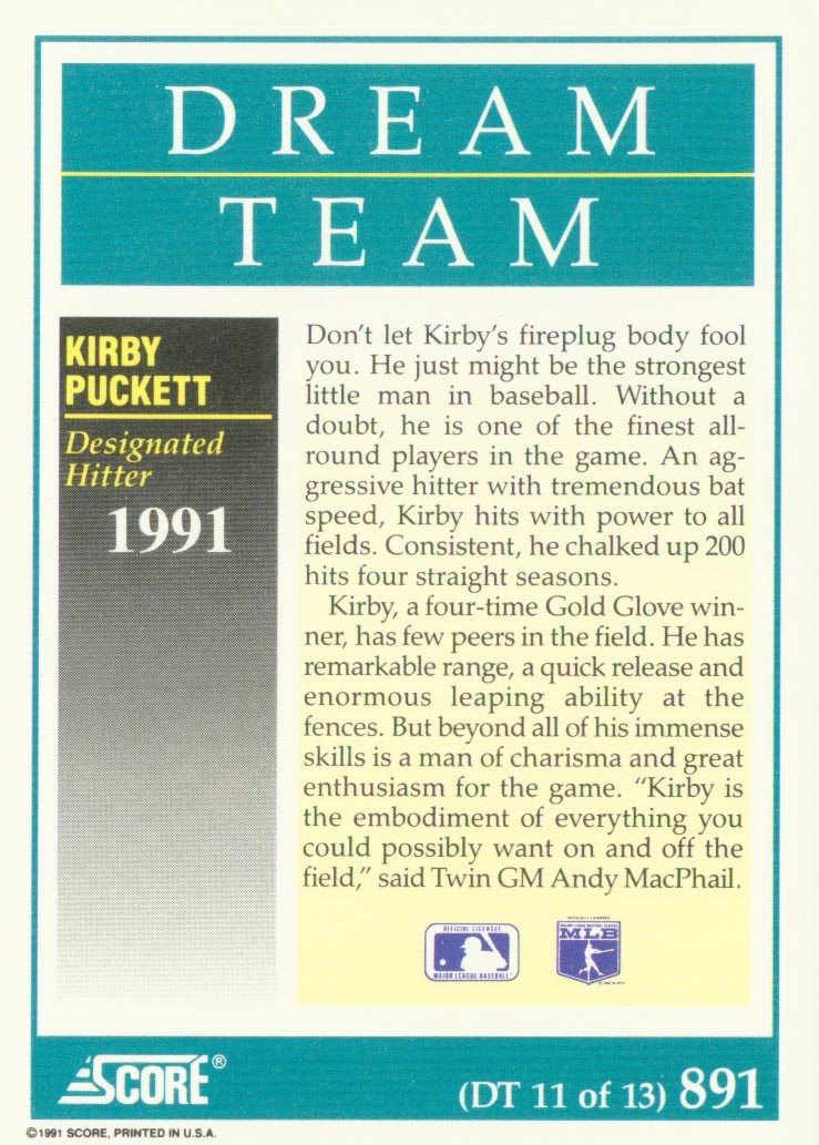 1991 Score #891 Kirby Puckett DT back image