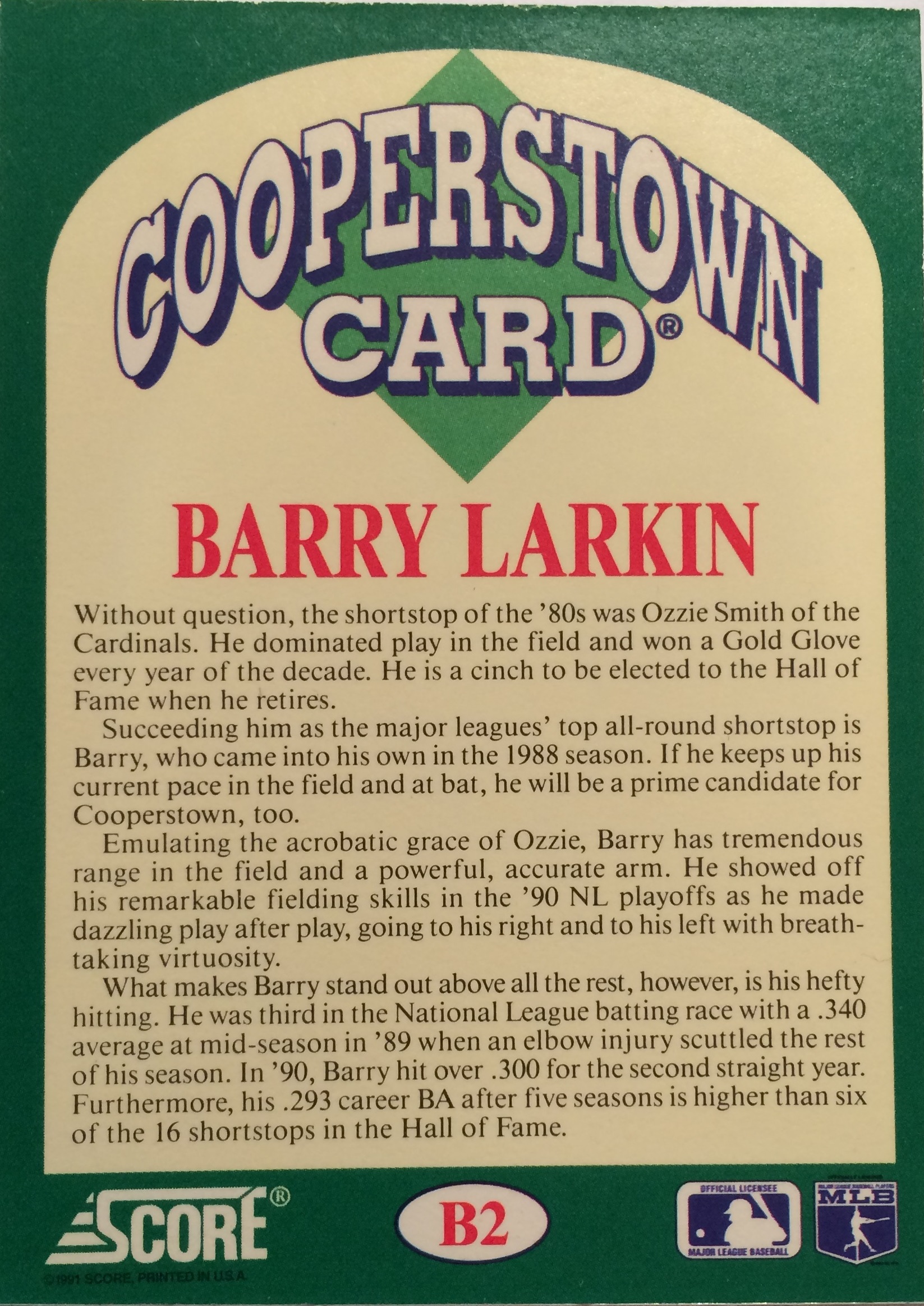 1991 Score Cooperstown #B2 Barry Larkin back image