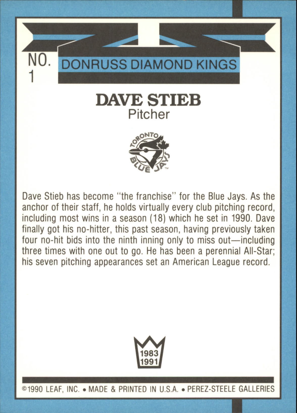 1991 Donruss Super DK's #1 Dave Stieb back image